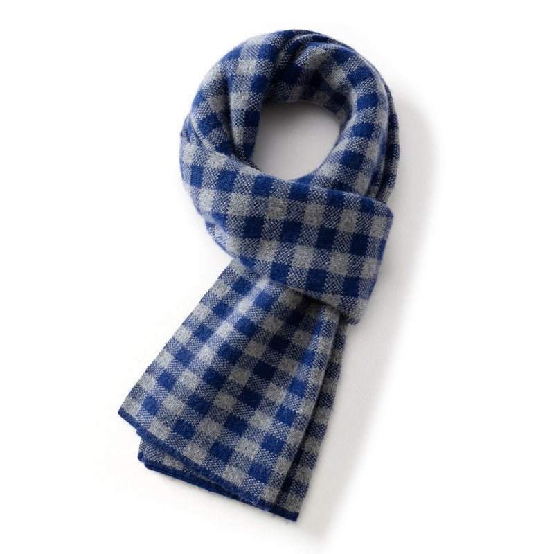 Long Knit Plaid Cashmere Scarf Checkered Cashmere Winter Scarf Navy Blue M