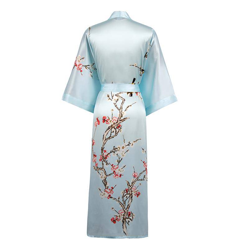 Long Silk Kimono For Women Cherry Blossom Printing Silk Robe
