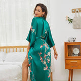 Long Silk Kimono For Women Cherry Blossom Printing Silk Robe Green One size fits most