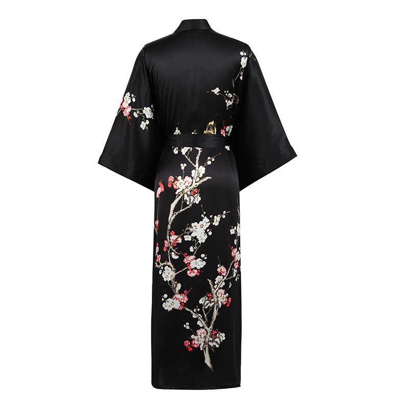 Long Silk Kimono For Women Cherry Blossom Printing Silk Robe