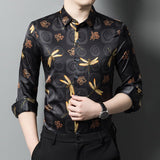 Long Sleeve Silk Shirts for Men Silk Dragonfly Print Dress Shirt