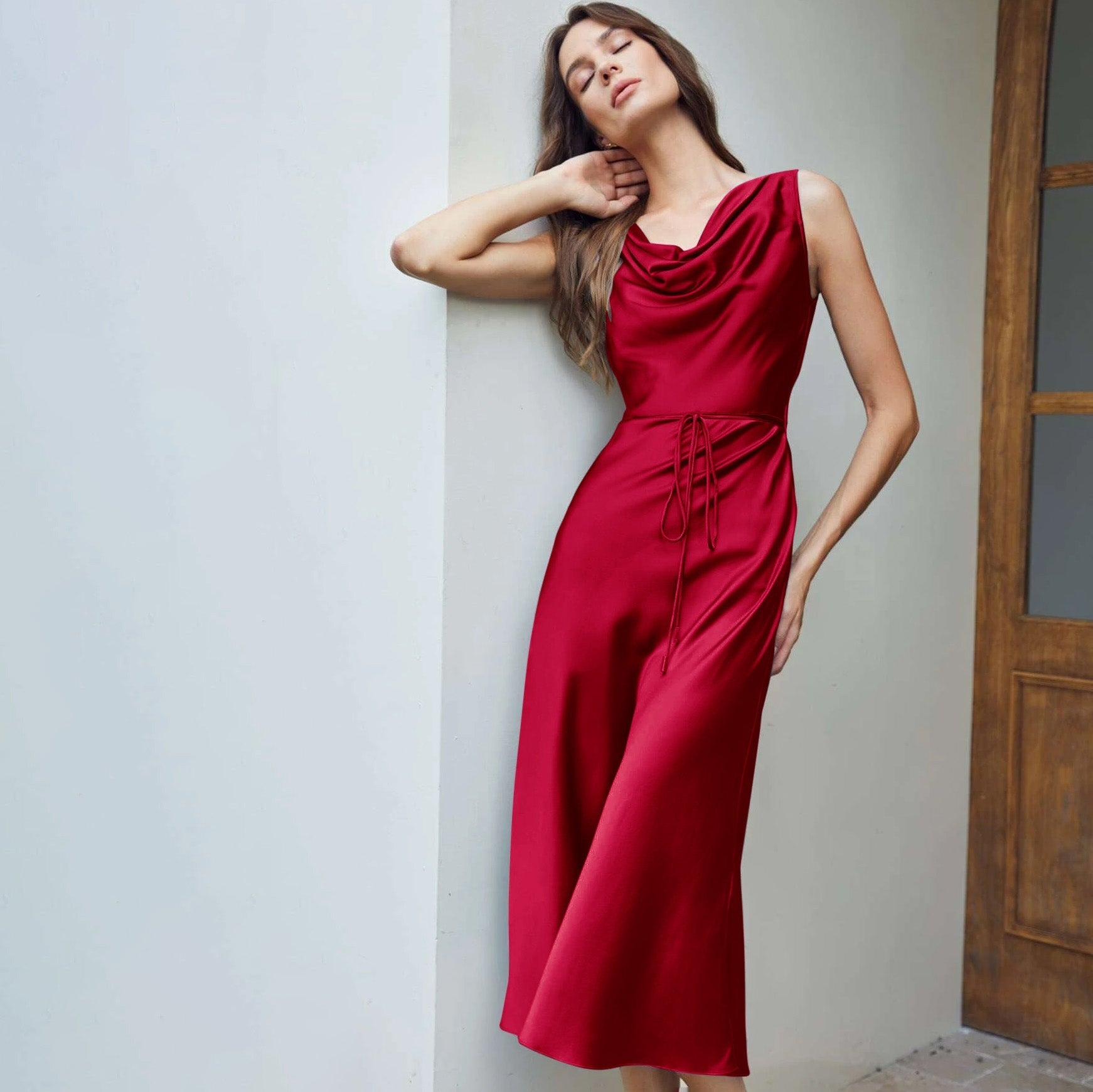 Luxury Silk Dresses Cowl Neck Sleeveless Silk Midi Dress