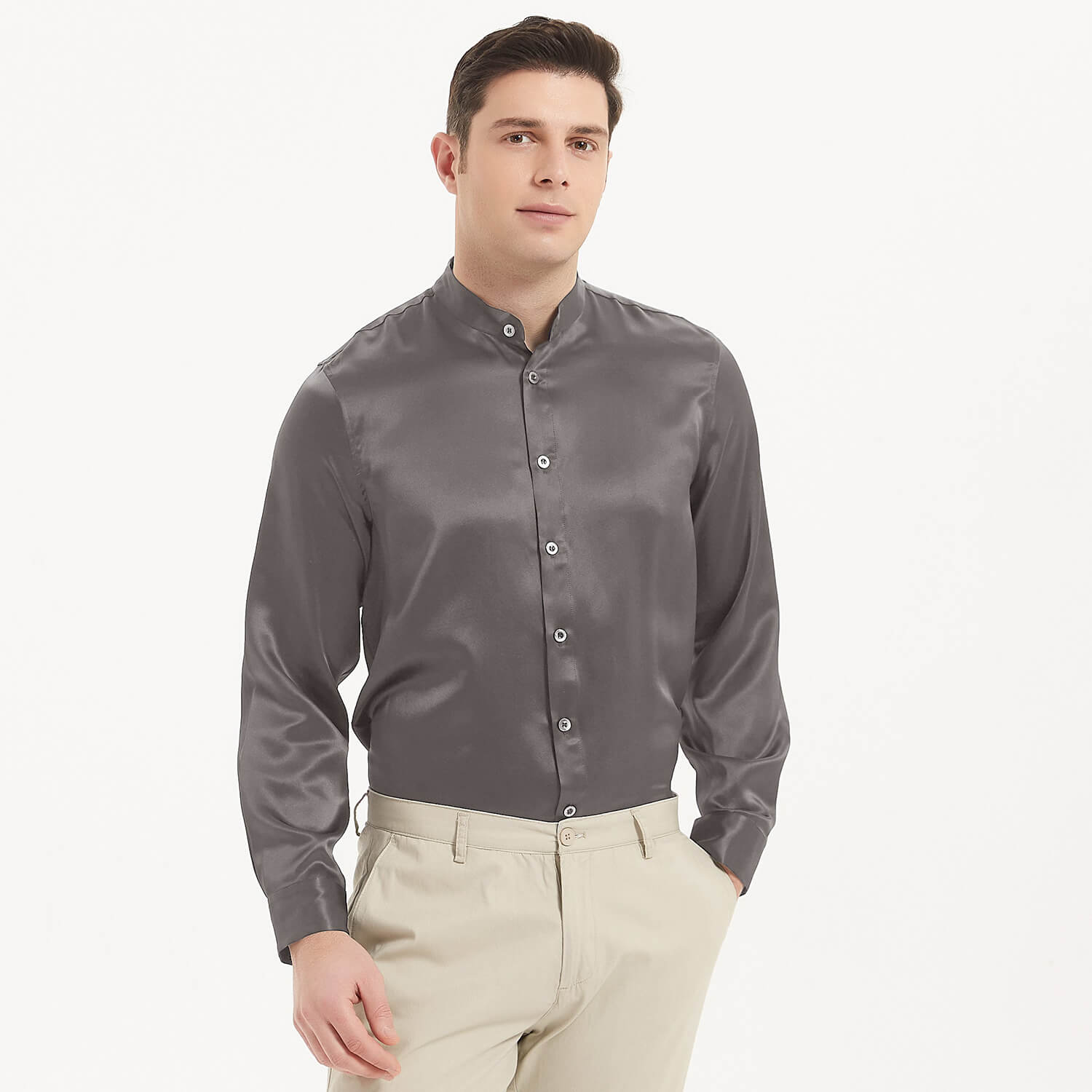 Luxury Silk Shirt For Men Collarless Long Sleeve silk tops
