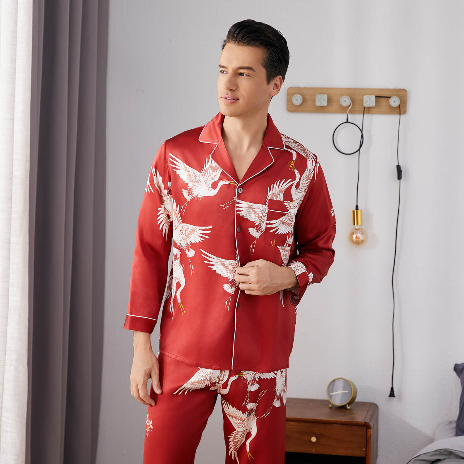 Men Crane Print Long Silk Pajamas Set Pure Silk Sleepwear