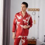 Men Crane Print Long Silk Pajamas Set Pure Silk Sleepwear