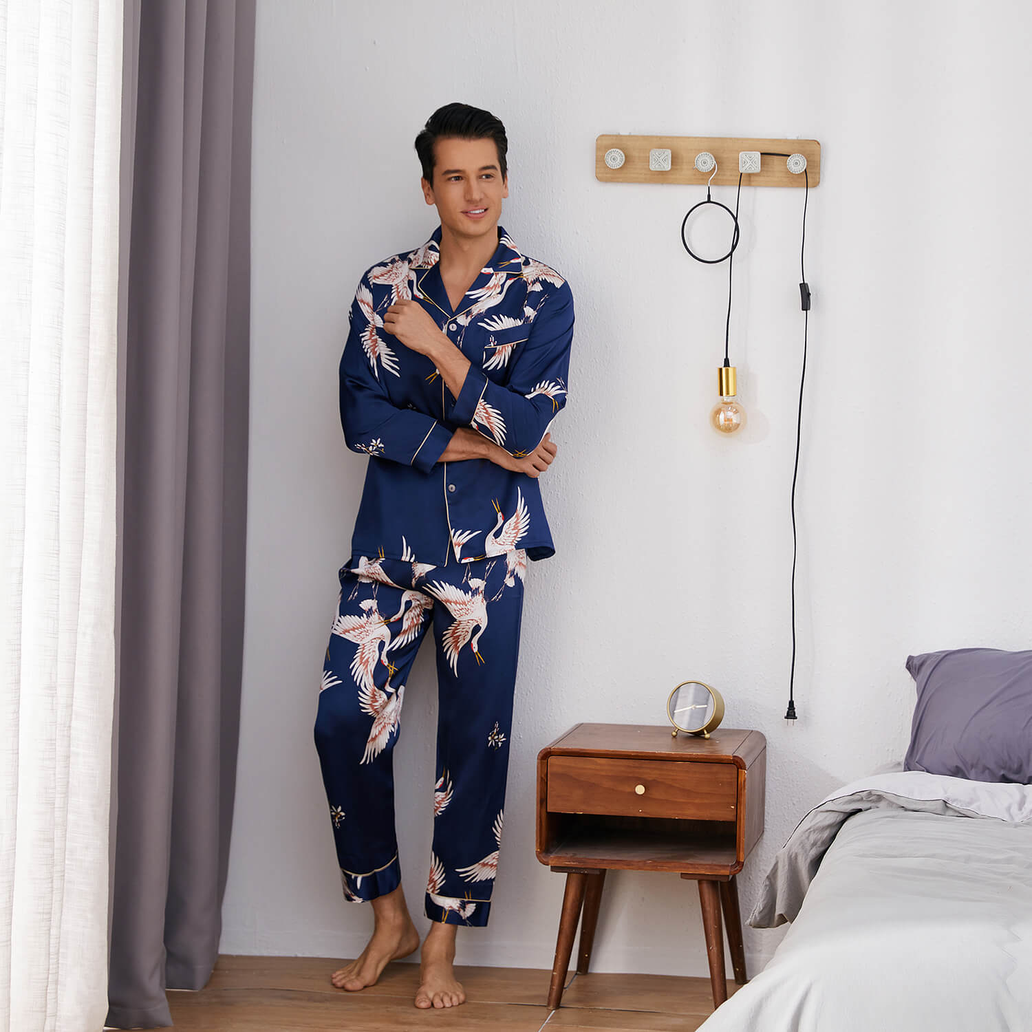Men Crane Print Long Silk Pajamas Set Pure Silk Sleepwear