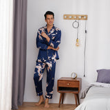 Men Crane Print Long Silk Pajamas Set Pure Silk Sleepwear