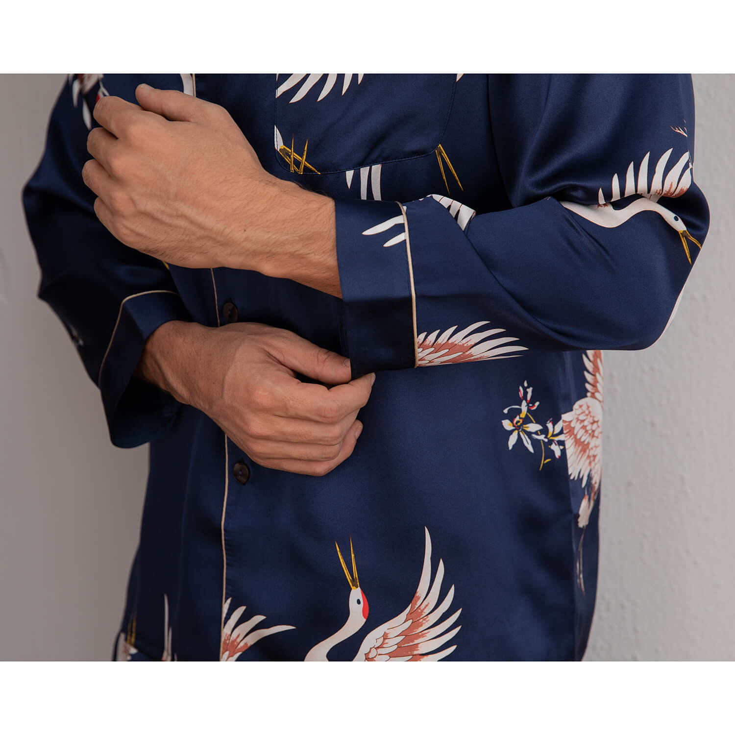 Men Crane Print Long Silk Pajamas Set Pure Silk Sleepwear