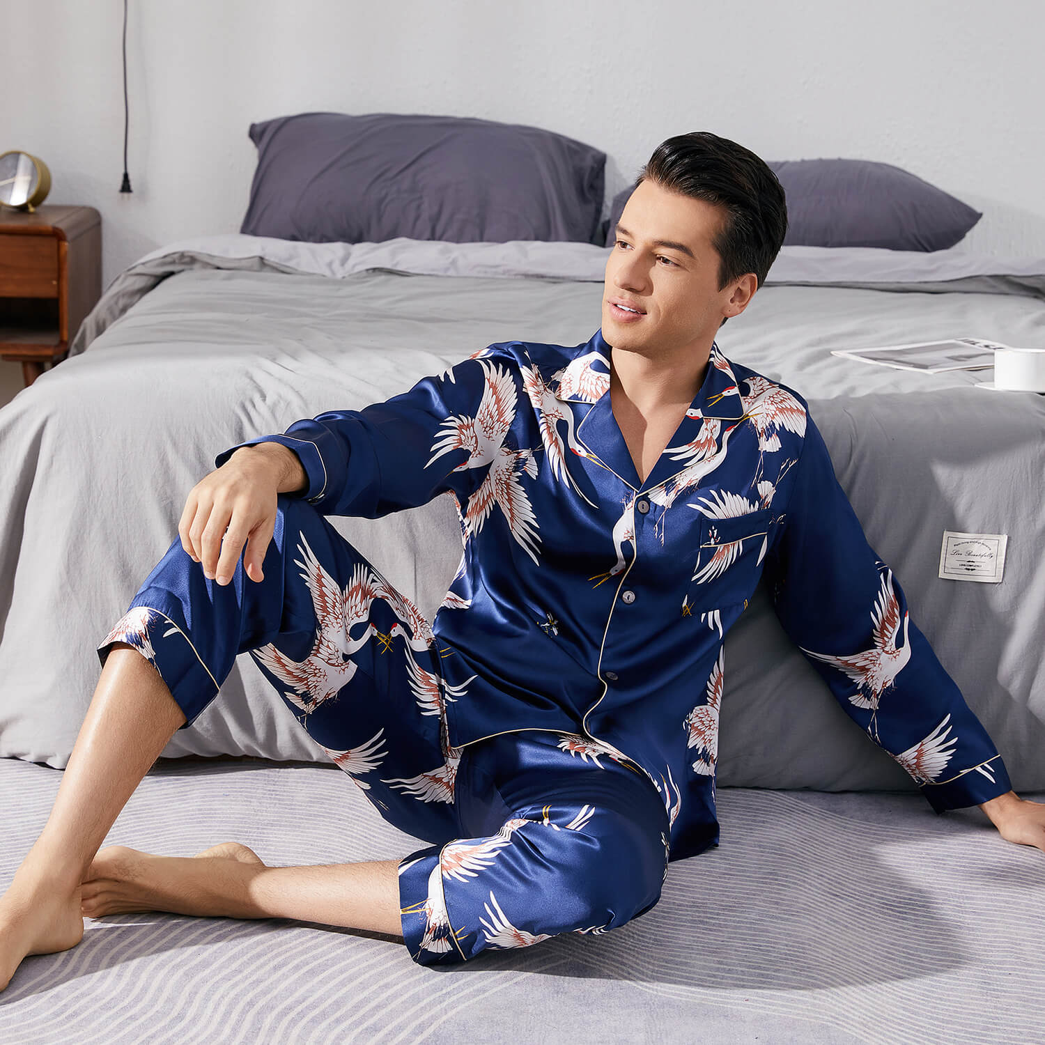 Men Crane Print Long Silk Pajamas Set Pure Silk Sleepwear