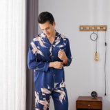 Men Crane Print Long Silk Pajamas Set Pure Silk Sleepwear