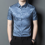 Mens Button Down Silk Shirts Short Sleeve Floral Print Silk Dress Shirt