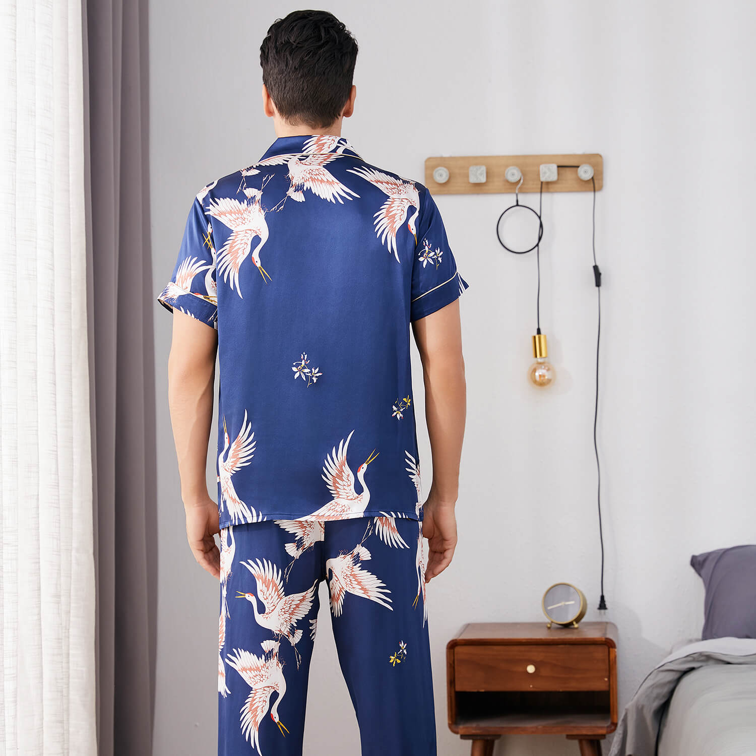 Mens Crane Print Silk Pajama Set 100% Mulberry Silk Sleepwear