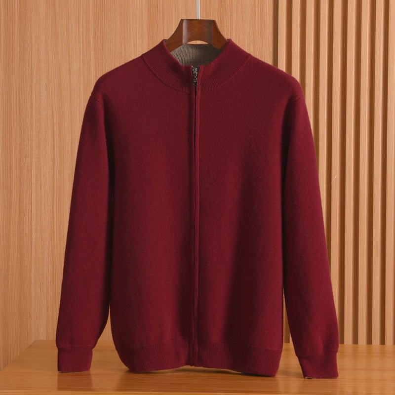 Mens Full - Zip Mock Neck Pure Cashmere Cardigan Stand Collar Cashmere Coat