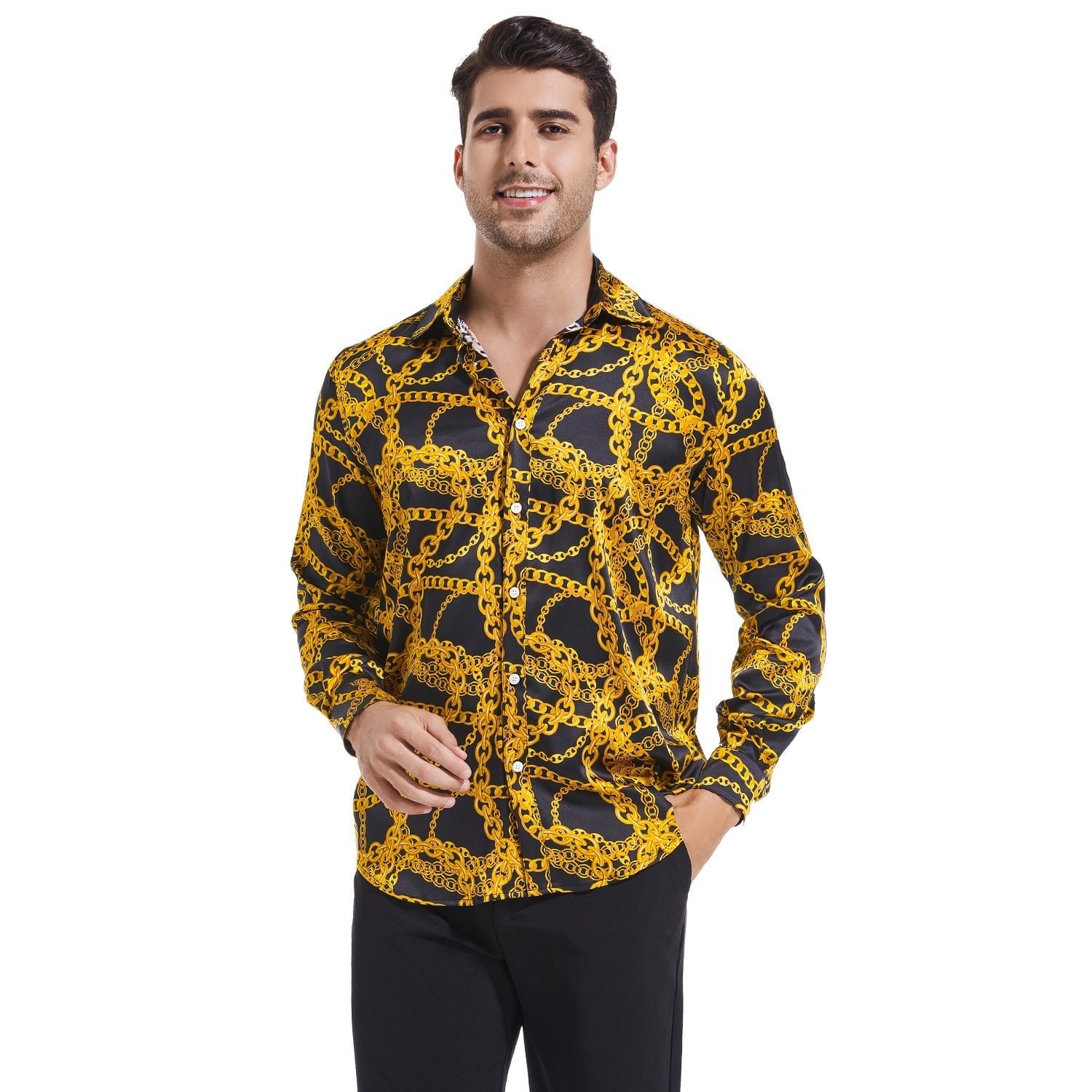 Men's Gold Chains Print Button Down Long Sleeve Silk Shirt