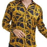 Men's Gold Chains Print Button Down Long Sleeve Silk Shirt