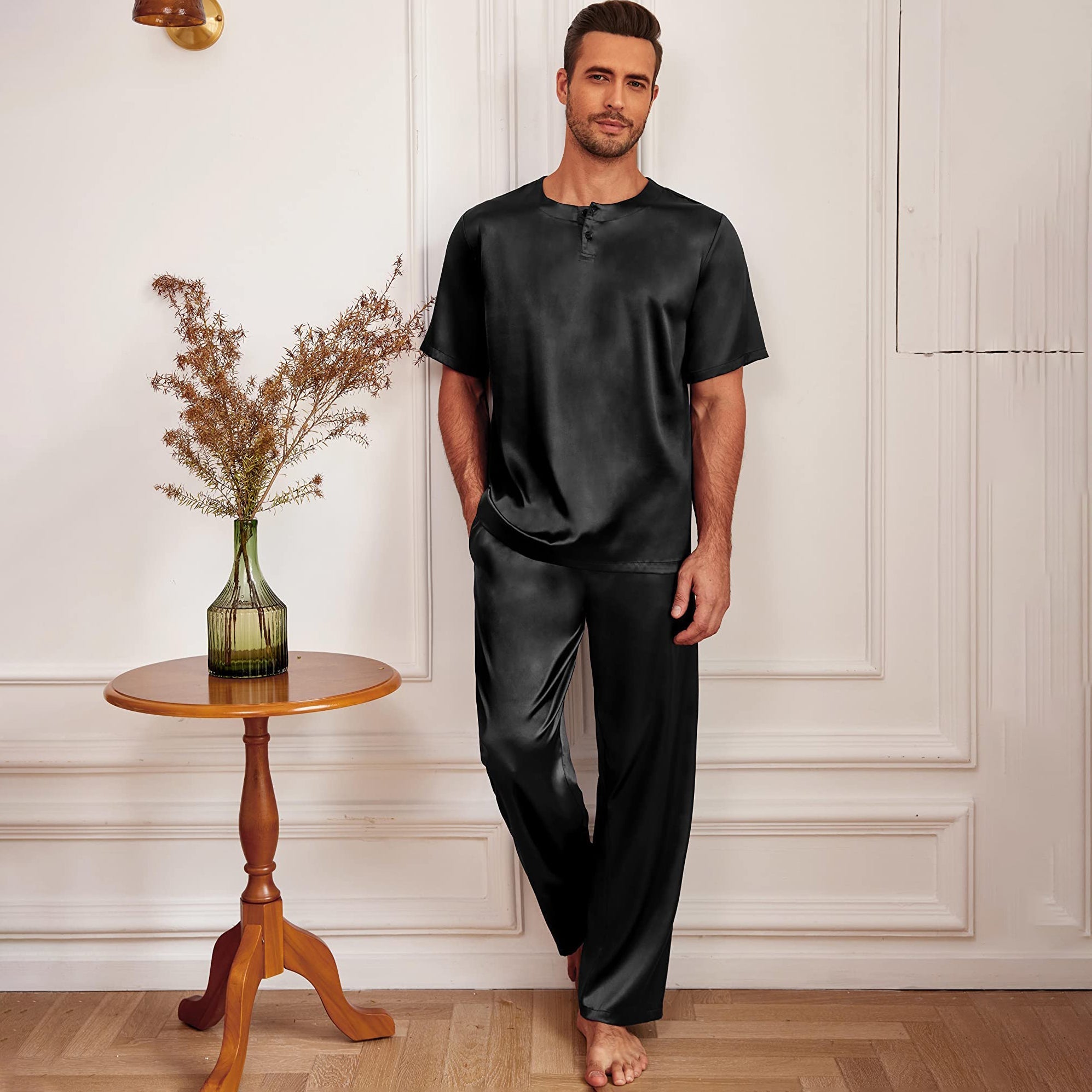 Men's Silk Pajamas Set Short Sleeve Henley Neck Silk Sleepwear