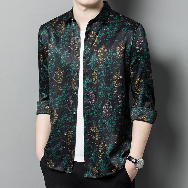 Mens Silk Shirts Long Sleeve Silk Botanical Print Dress Shirt