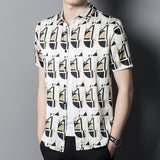 Mens Silk Shirts Short Sleeve Retro Geometric Print Silk Dress Shirt