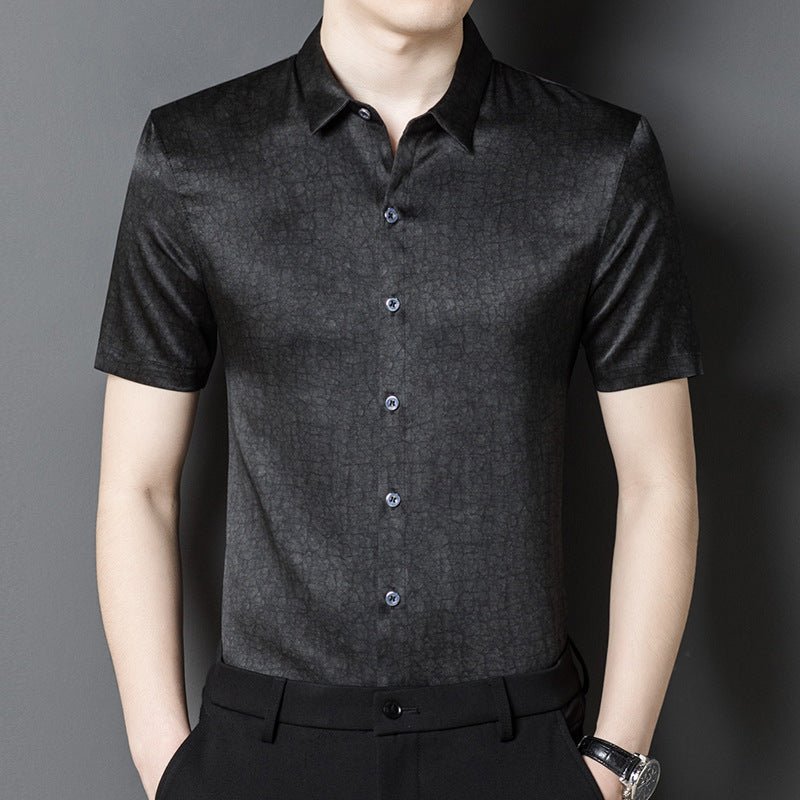 Mens Silk Shirts Short Sleeve Textured Pattern Silk Dress Shirt