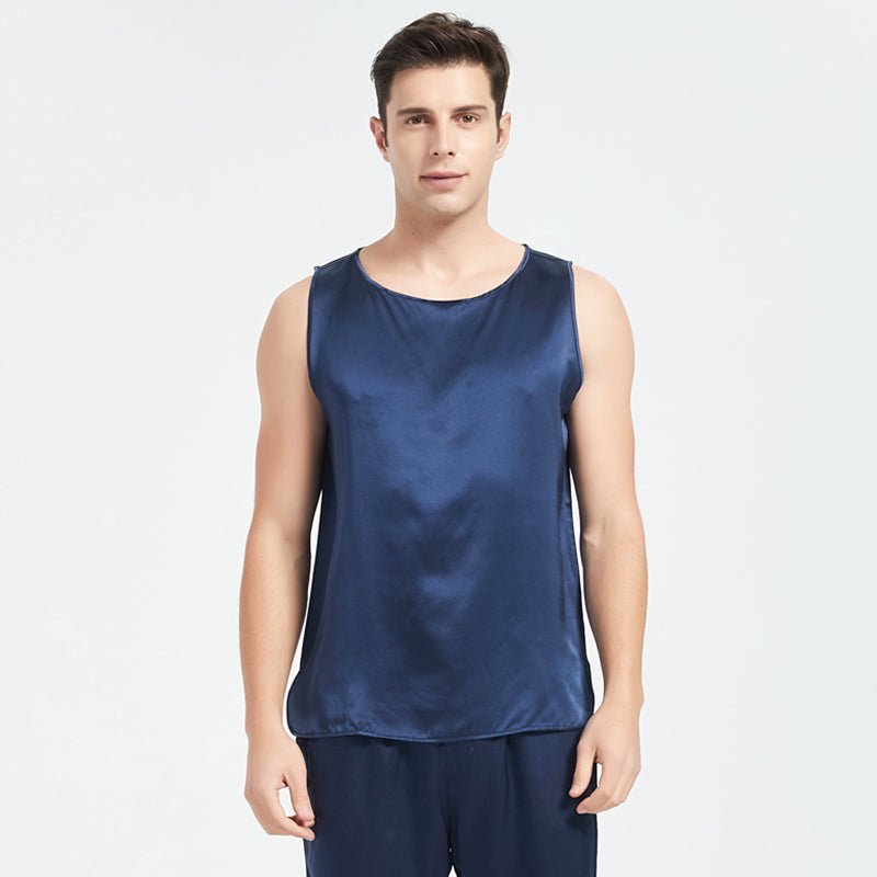 Mens Silk Tank Top Set Sleeveless Short Silk Pajamas Set