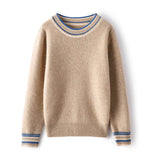 Ladies Colorful Striped Trim Crew Neck Cashmere Sweater