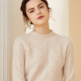 Womens Long Cable Knit Mock Neck Cashmere Sweater