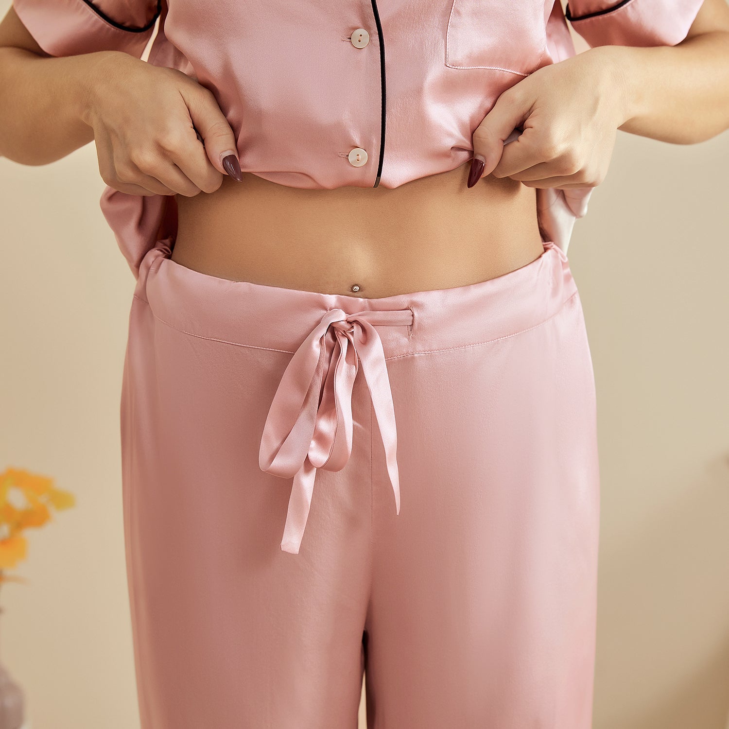 Classic Silk Pajamas Short Sleeve Long Pants Silk Pjs