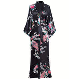 Women Silk Kimono Hand Painted Peacock & Flowers Nightwear