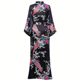 Women Silk Kimono Hand Painted Peacock & Flowers Nightwear