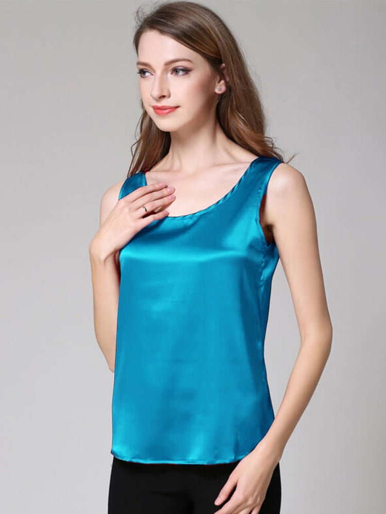 Peacock Blue Classic Round Neck Silk Tank Top for Ladies