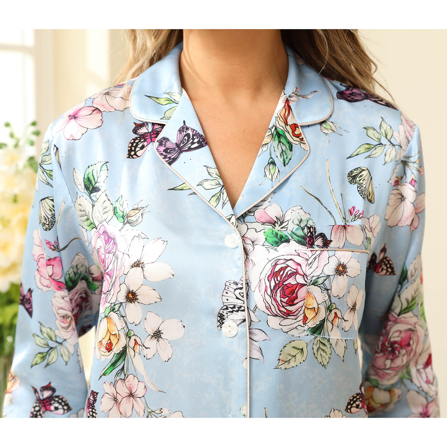 Luxury Print Silk Pajamas Floral Butterfly Silk Pajamas Set