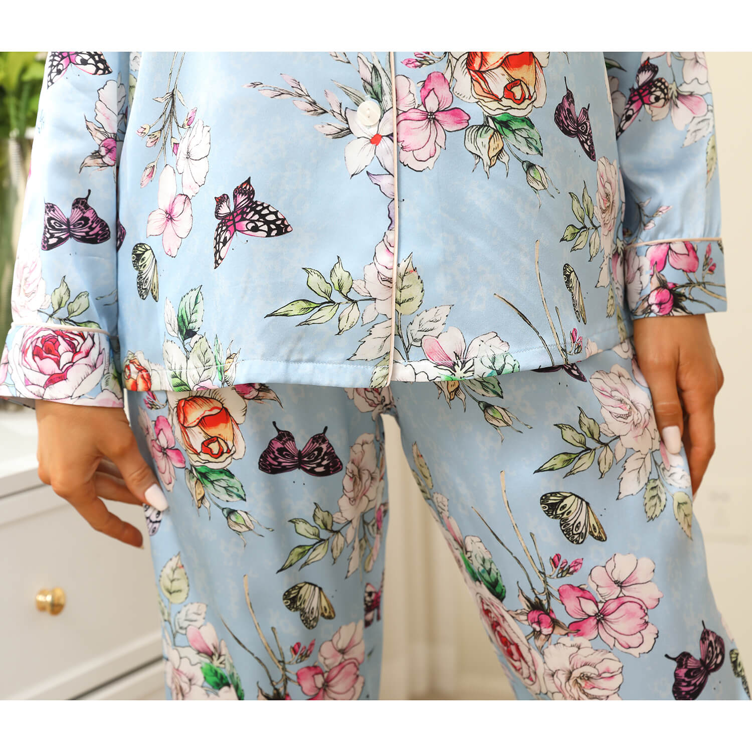 Luxury Print Silk Pajamas Floral Butterfly Silk Pajamas Set
