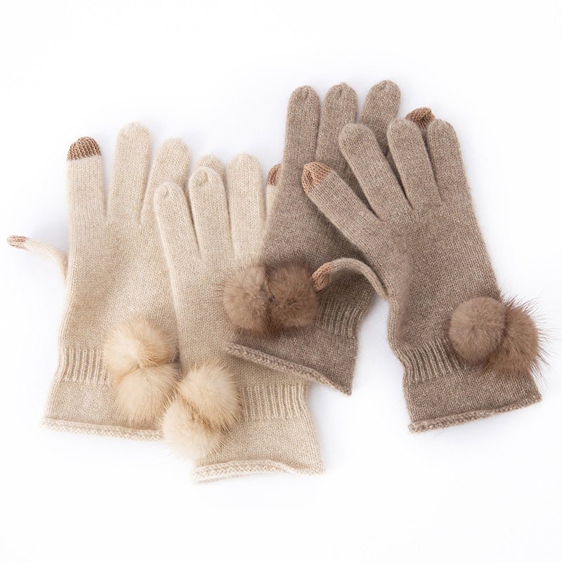 Pure Cashmere Women Full Fingers Gloves Touchscreen Cashmere Mittens with Fur Pom