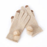 Pure Cashmere Women Full Fingers Gloves Touchscreen Cashmere Mittens with Fur Pom