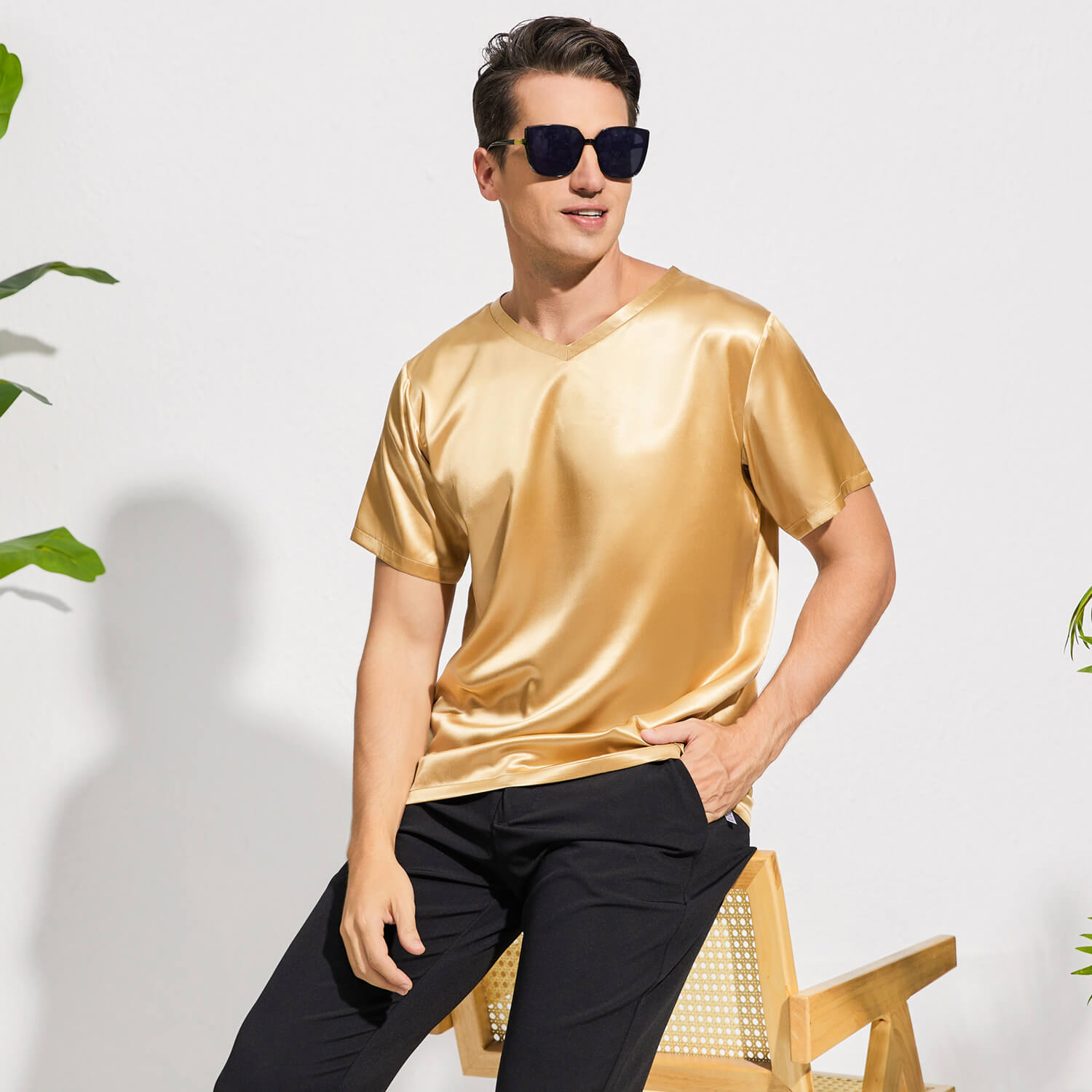 Pure Silk T-Shirts For Men Luxury V - Neck Silk Top Tee