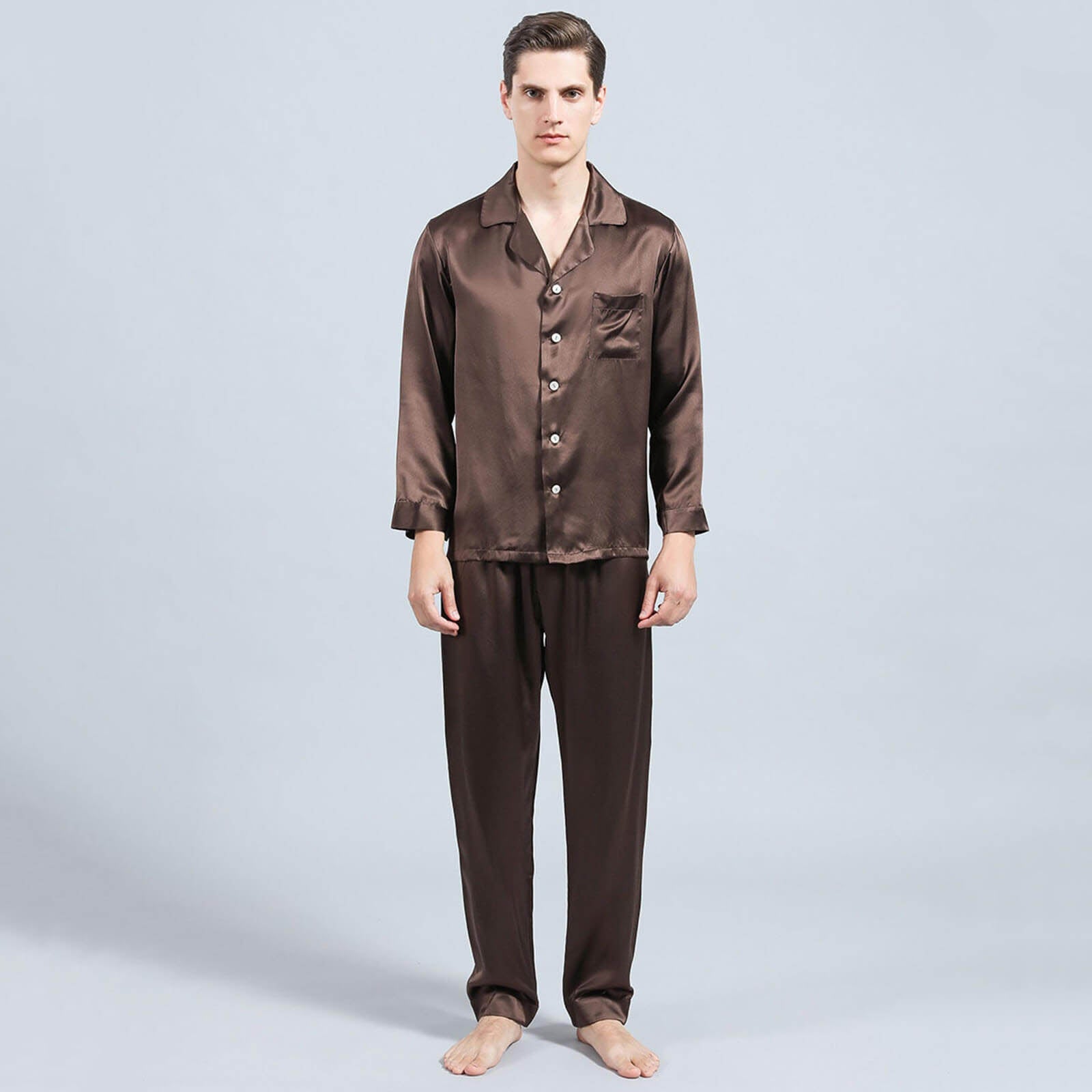 Silk Pajamas for Men Long Sleeve Chocolate XS