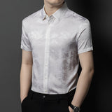 Silk Shirts for Men Short Sleeve Jacquard Silk Button Up Shirt