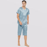 Mens Short Silk Pajama Set Silk Two Piece V Neck Silk Sleepwear
