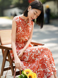 Toile Print Silk Midi Dress for Women Sleeveless Belted Silk Dress Red XS