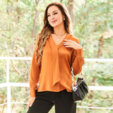 V Neck & Ribbon Silk Blouse For Women Long Sleeves Silk Shirt