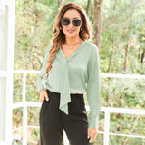 V Neck & Ribbon Silk Blouse For Women Long Sleeves Silk Shirt