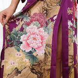 Women Luxury Long 100% Mulberry Vintage Floral Print Silk Kimono Robe