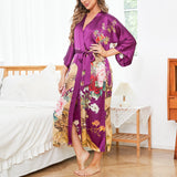 Women Luxury Long 100% Mulberry Vintage Floral Print Silk Kimono Robe
