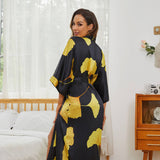 Women 100% Silk Robe Ginkgo Leaf Print Silk Kimono Robes