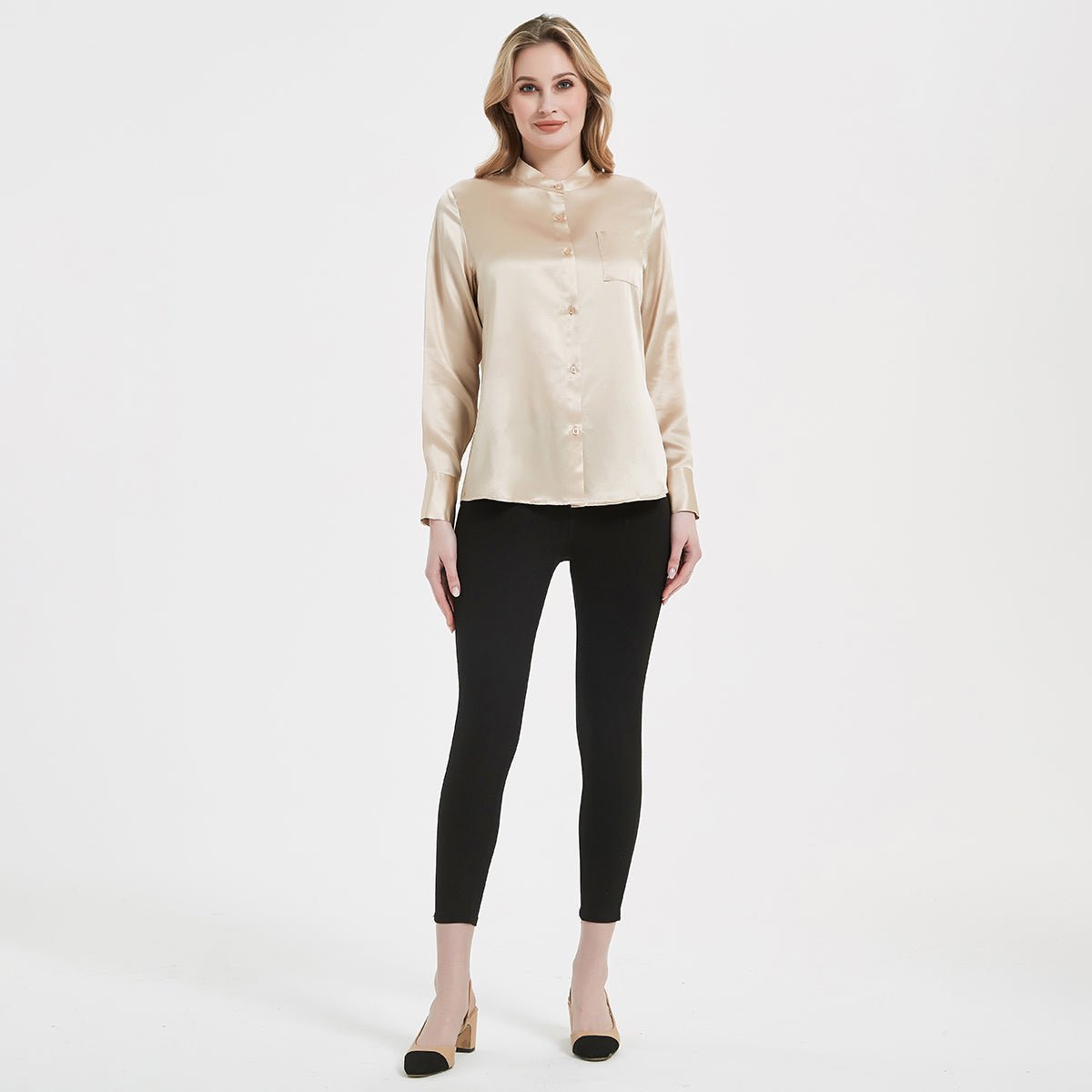 Women Band Collar Silk Blouse For Women 100% Pure Silk Blouse with Pocket