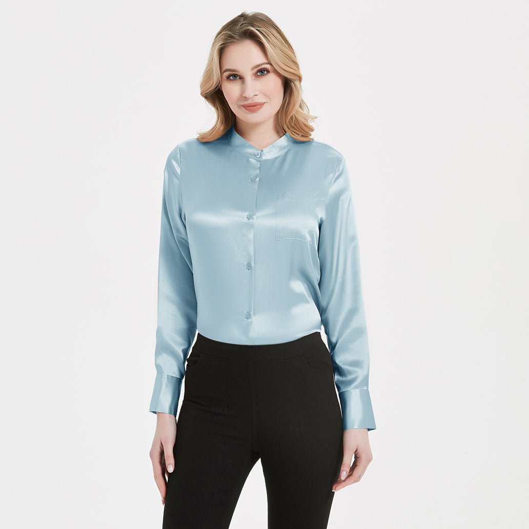 Women Band Collar Silk Blouse For Women 100% Pure Silk Blouse with Pocket