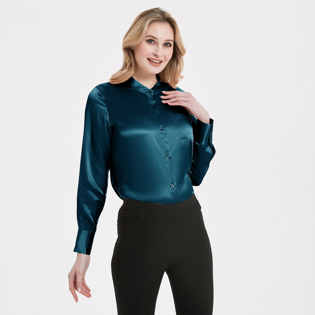 Women Band Collar Silk Blouse For Women 100% Pure Silk Blouse with Pocket