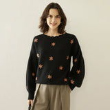 Women Scalloped Neck Cashmere Sweater Floral Embroidery Tops