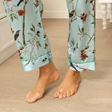Women Flower Print Silk Pajamas Long Silk Pajama Set Blue XS
