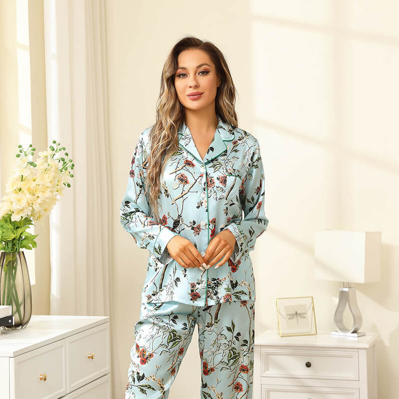 Women Flower Print Silk Pajamas Long Silk Pajama Set Blue XS